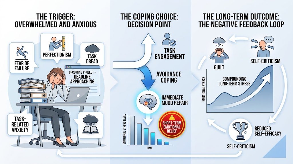 Infographic diagram illustrating procrastination as an avoidance coping mechanism, showing the cycle of task-induced anxiety, immediate emotional relief, and long-term stress.