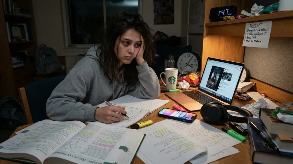 A student sitting at a study desk avoiding homework while distractions like a phone, unfinished books, and a clock show procrastination during studying.