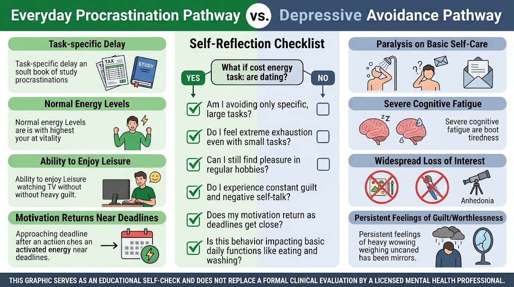 A detailed self-check flowchart comparing signs of routine procrastination against depression-driven task avoidance to help users identify their underlying patterns.