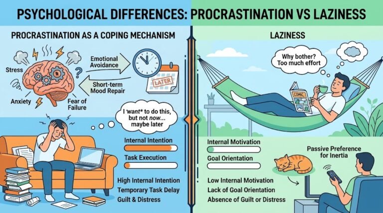 A side-by-side comparison infographic contrasting procrastination as an emotional coping mechanism driven by anxiety against laziness caused by a lack of motivation.