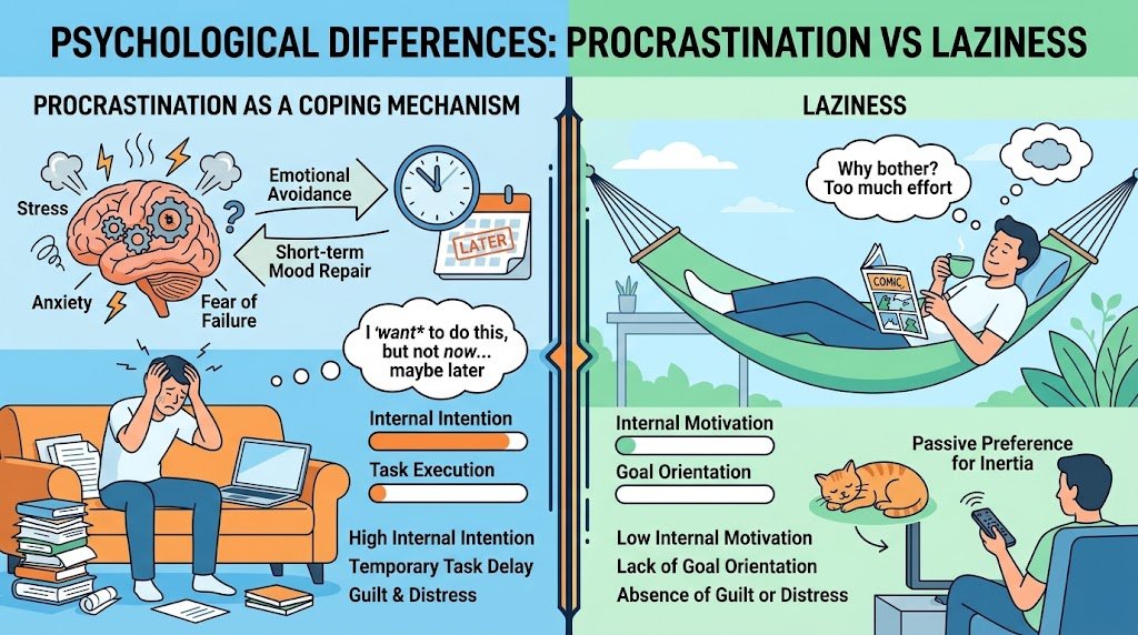 A side-by-side comparison infographic contrasting procrastination as an emotional coping mechanism driven by anxiety against laziness caused by a lack of motivation.
