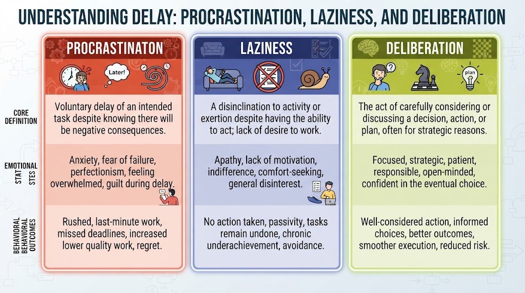 A comparative infographic contrasting procrastination, laziness, and deliberation with clear behavioral differences and psychological drivers.