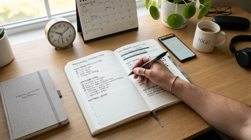 Open productivity journal showing daily planning sections with priorities, focus tasks, goal tracking, and progress notes for better time management