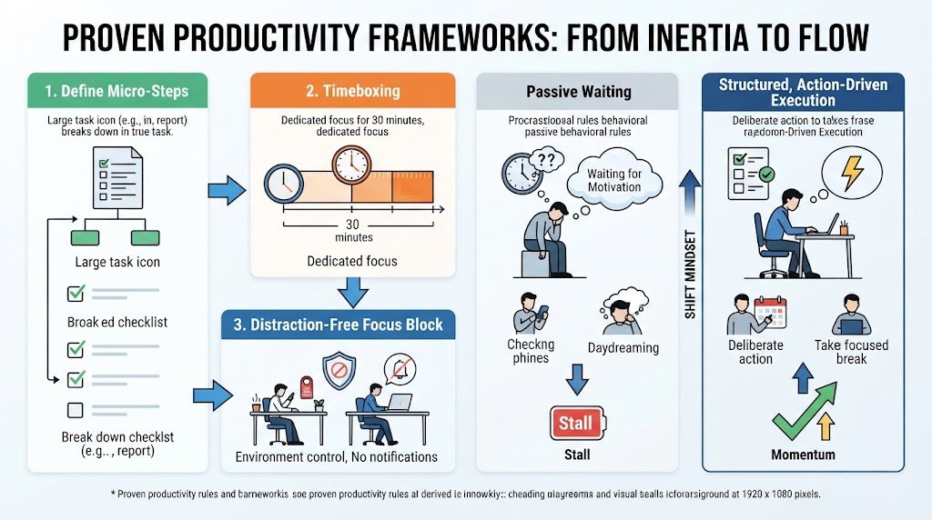 Infographic diagram comparing proven productivity rules and frameworks, showing structured workflows for task execution and focus optimization.
