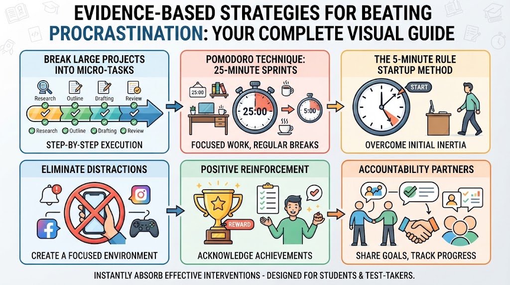 An actionable infographic outlining proven, evidence-based strategies for managing procrastination, including the Pomodoro technique, micro-tasking, and the 5-minute rule.