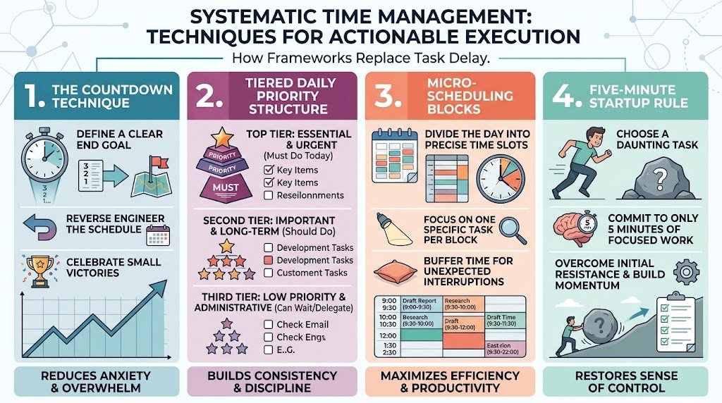 A visual guide outlining proven productivity techniques and time management rules to overcome procrastination and regain control.