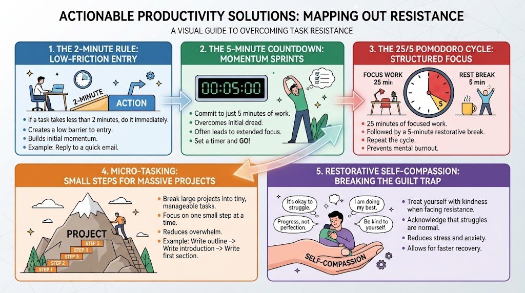 An infographic outlining step-by-step time management techniques like the 2-minute rule, Pomodoro technique, and task chunking to beat procrastination.