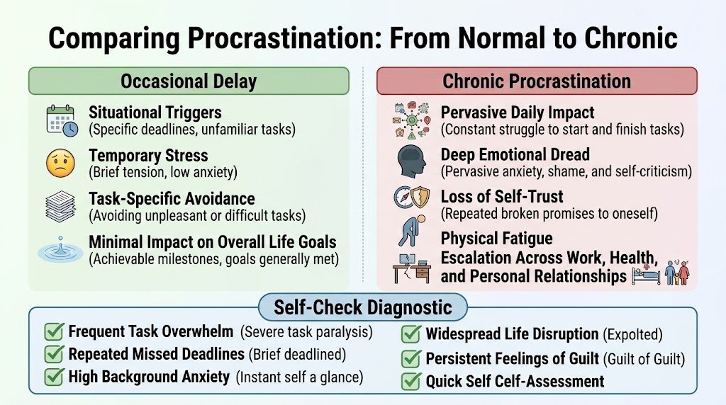 An educational concept diagram illustrating the psychological causes of procrastination including perfectionism, anxiety, emotional avoidance, depression, and task paralysis.