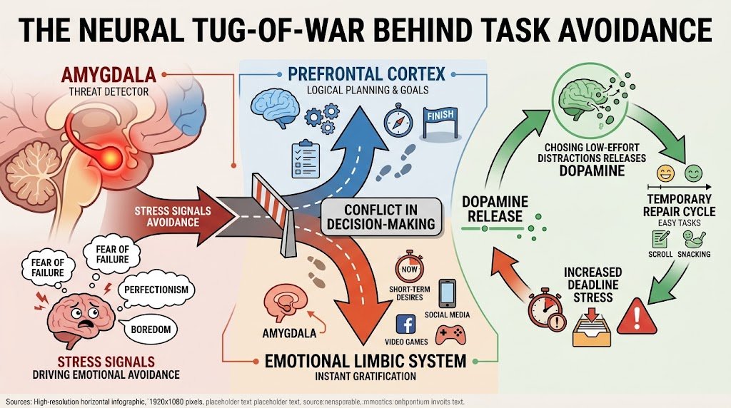An educational vector diagram showing how the amygdala and prefrontal cortex interact during procrastination when faced with stressful tasks.