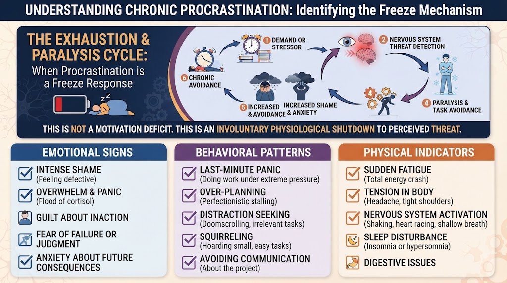A clean checklist and self-assessment layout highlighting emotional and behavioral patterns of trauma-based procrastination.