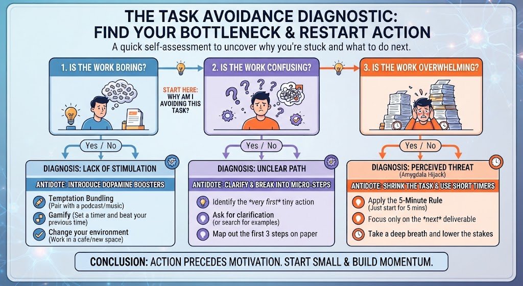 A diagnostic flowchart infographic helping users identify whether their procrastination stems from boredom, confusion, or overwhelm, paired with targeted strategy matching.