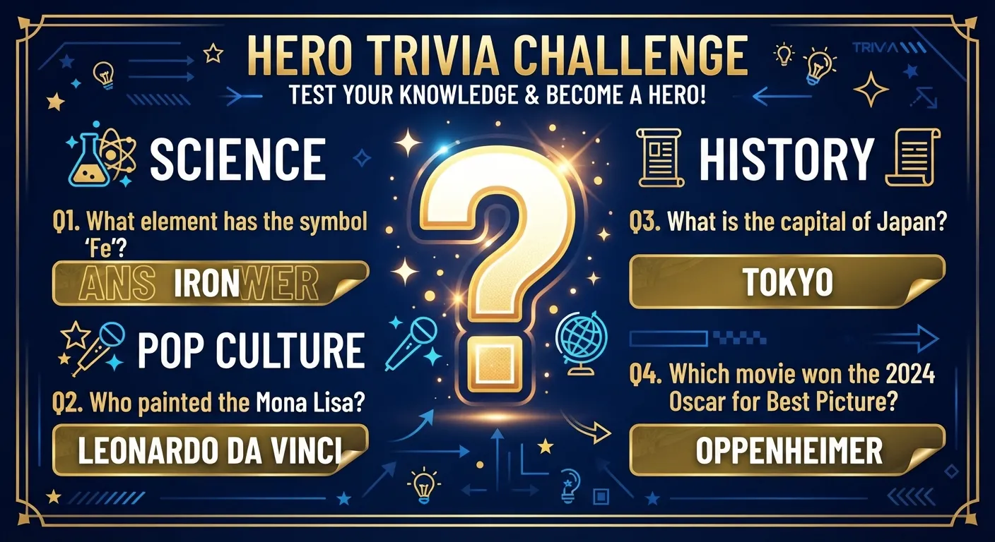 Infographic displaying a collection of diverse random trivia questions and answers across multiple categories to test general knowledge.