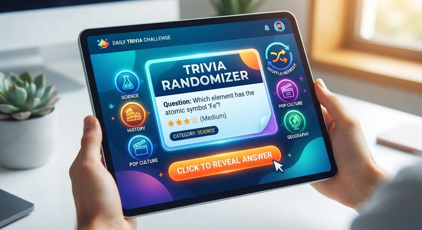 A close-up view of a digital trivia randomizer interface with a click-to-reveal button on a modern smartphone screen.
