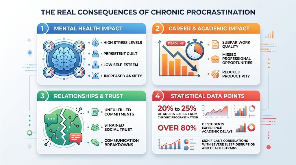 Infographic displaying the real consequences of chronic procrastination across mental health, career, and relationships with supporting data points.