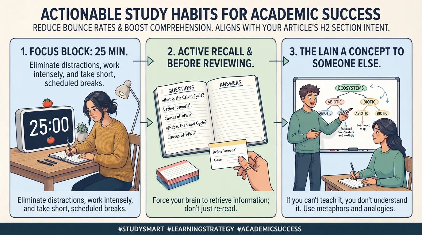 A student sitting at a clean desk using a planner and timer to practice active study habits and time management