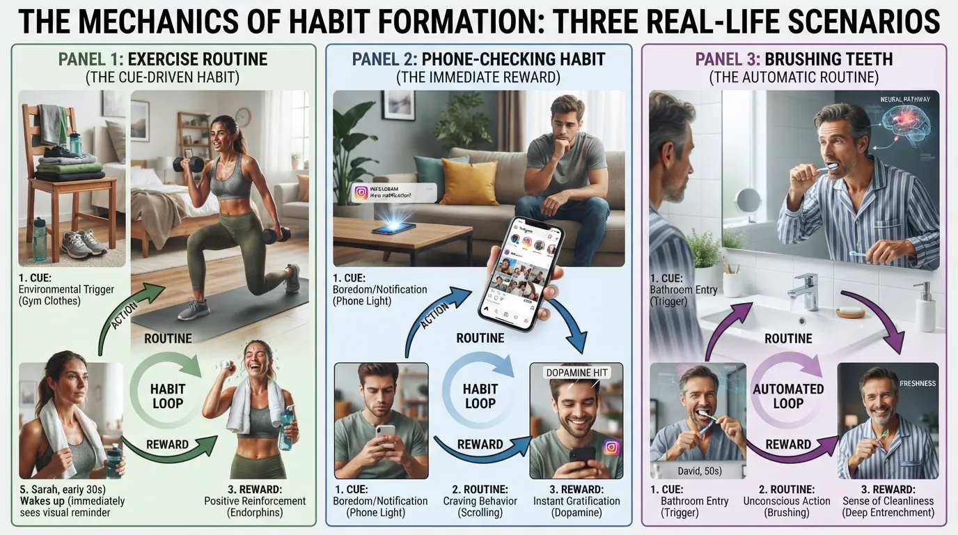 Infographic illustrating three real-life habit loops: laying out gym clothes to trigger a workout, responding to a phone notification for a dopamine reward, and brushing teeth automatically at a sink.