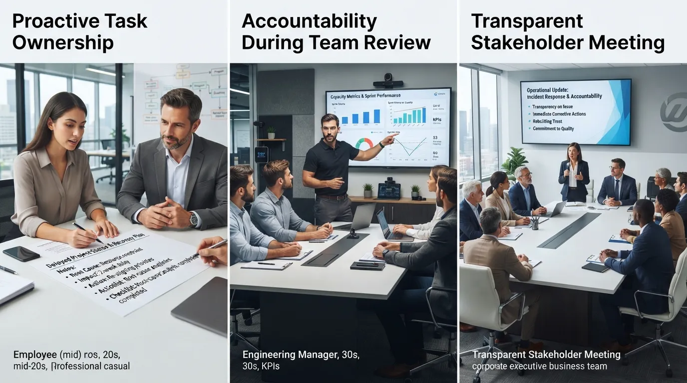 A professional workplace scenario showing a team member taking ownership of a missed project deadline and presenting a solution to a manager.