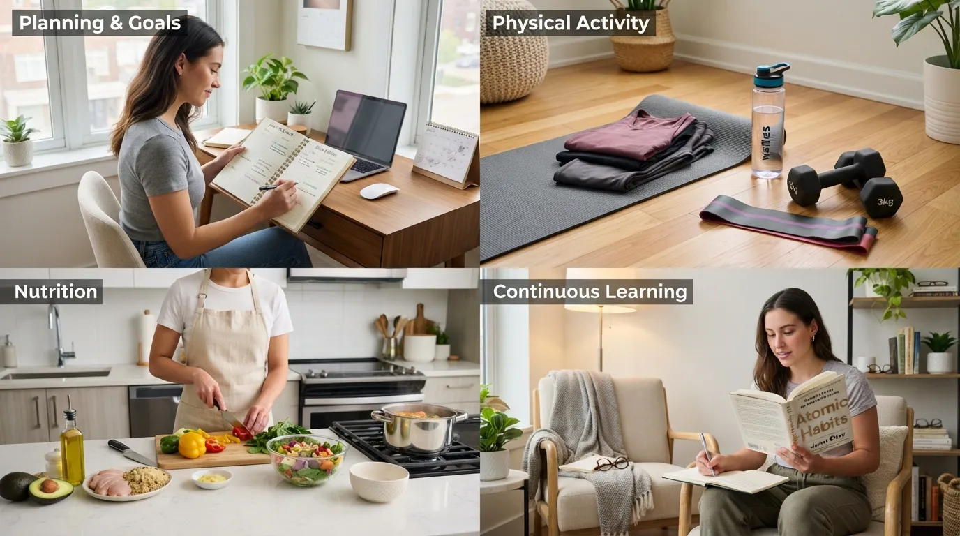 Infographic illustrating real-world examples of daily positive habits including exercise, reading, and meal planning in a home setting.