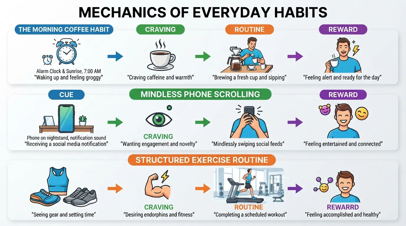 A visual breakdown of real-world habit loops, illustrating how cues, cravings, routines, and rewards manifest in everyday behaviors like morning coffee, phone scrolling, and exercise.