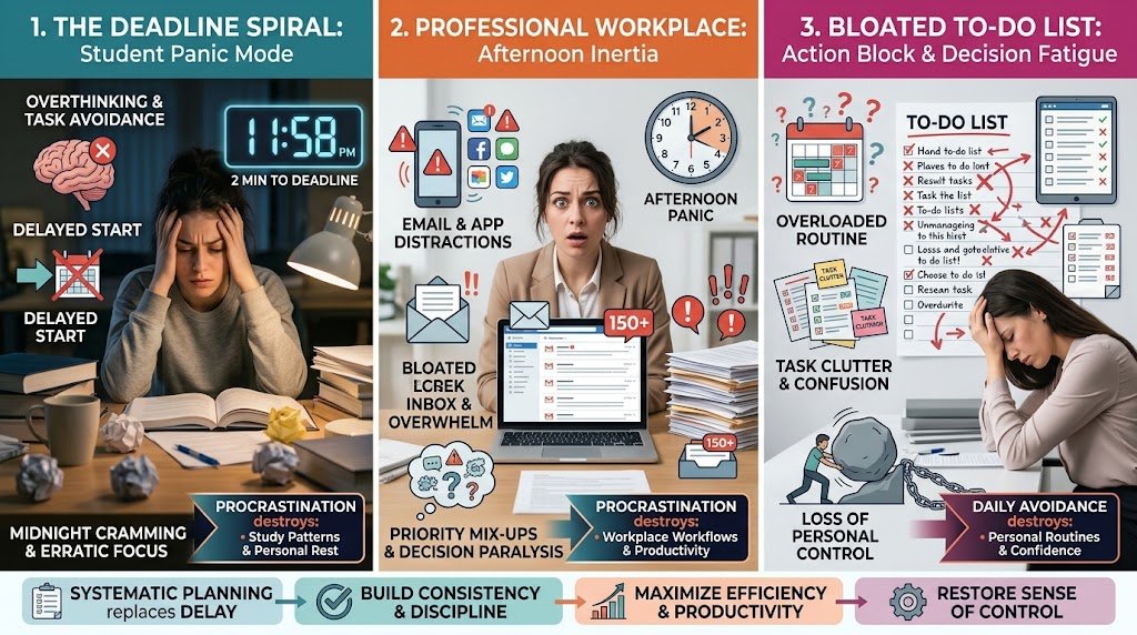 A visual representation comparing a student deadline spiral, workplace last-minute scramble, and an overwhelming to-do list.