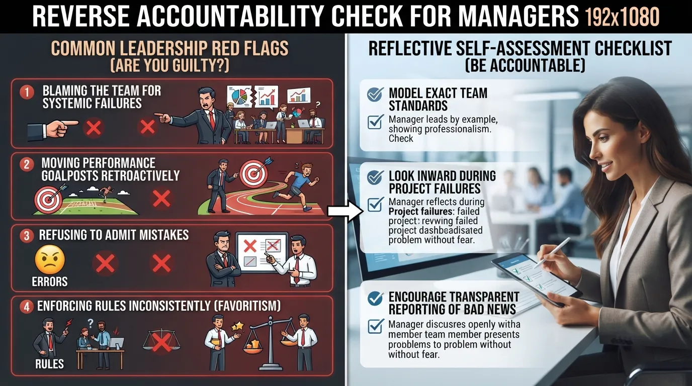 A corporate leader conducting a reverse accountability self-check to evaluate poor management signs and leadership red flags.