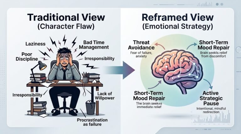 Infographic illustrating the shift from viewing procrastination as a character flaw to managing it as an emotional regulation and coping strategy.