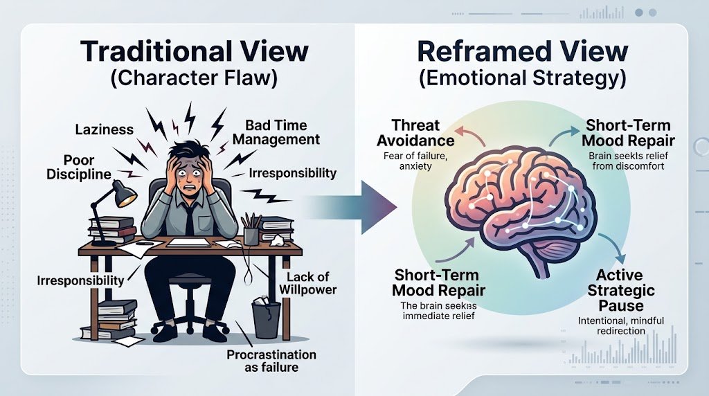 Infographic illustrating the shift from viewing procrastination as a character flaw to managing it as an emotional regulation and coping strategy.