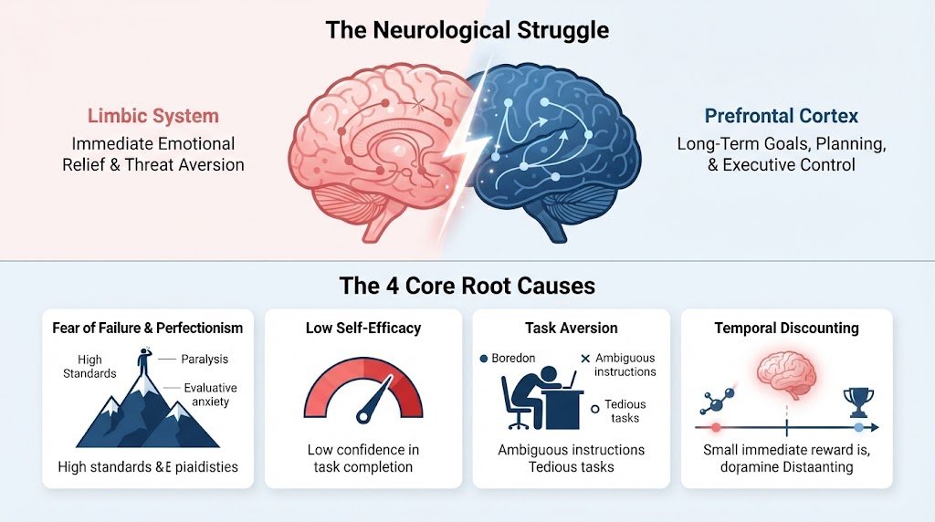 Diagram illustrating the psychological root causes of procrastination, showing the neurological struggle between emotional brain impulses and executive focus.