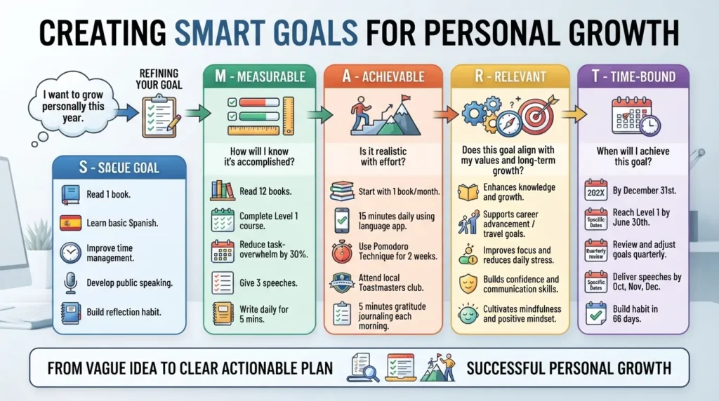 Visual guide showing how to turn personal growth ideas into SMART goals using specific, measurable, achievable, relevant, and time-bound steps.