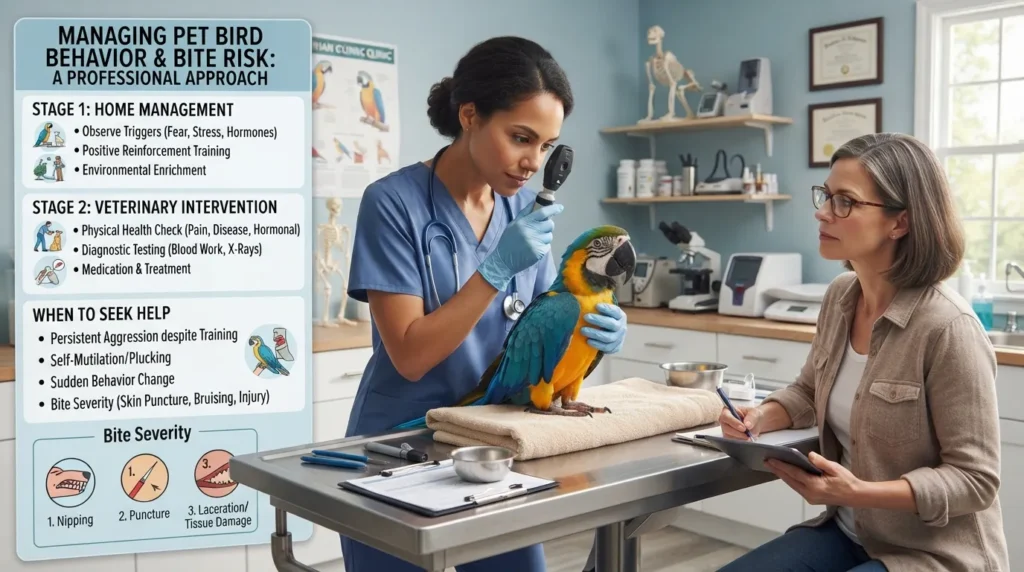 A veterinarian examining a pet bird to assess bite risk and determine if aggression stems from a medical issue