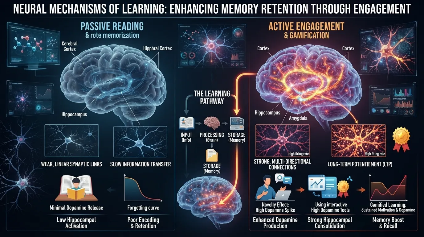 Illustration of brain pathways showing how novelty and dopamine activation improve memory retention during active study sessions.