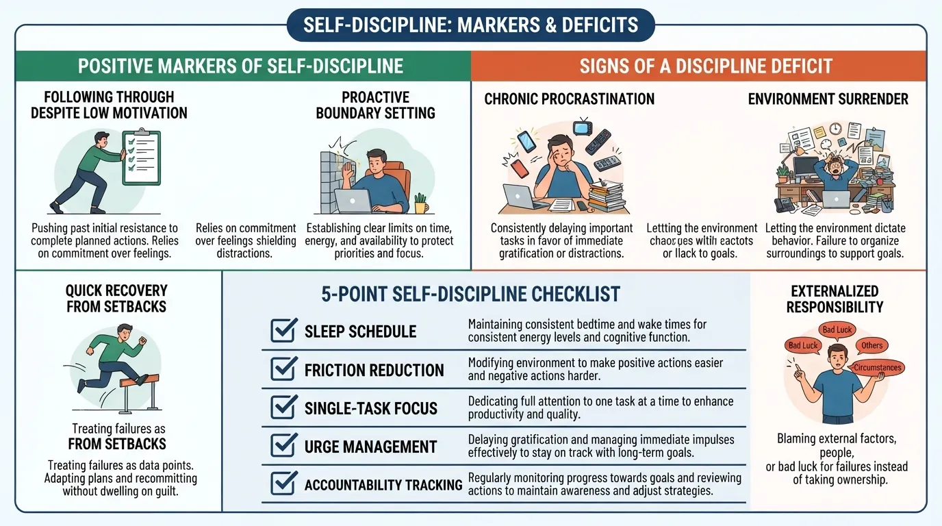 A detailed checklist and self assessment chart showing signs of high self discipline versus lack of discipline for personal evaluation.