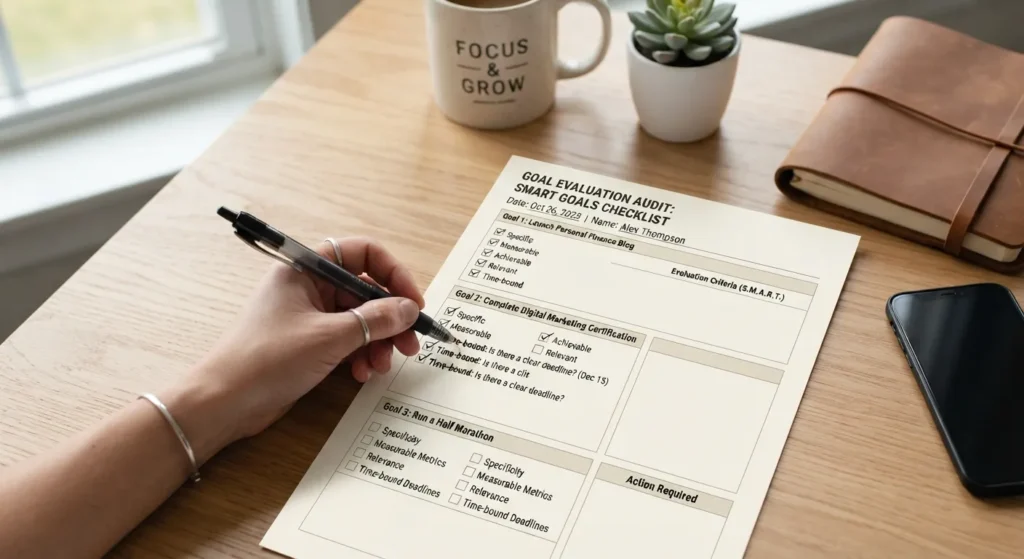 A person evaluating written goals on a clipboard with a checklist and a pen, representing a goal strength self-assessment.