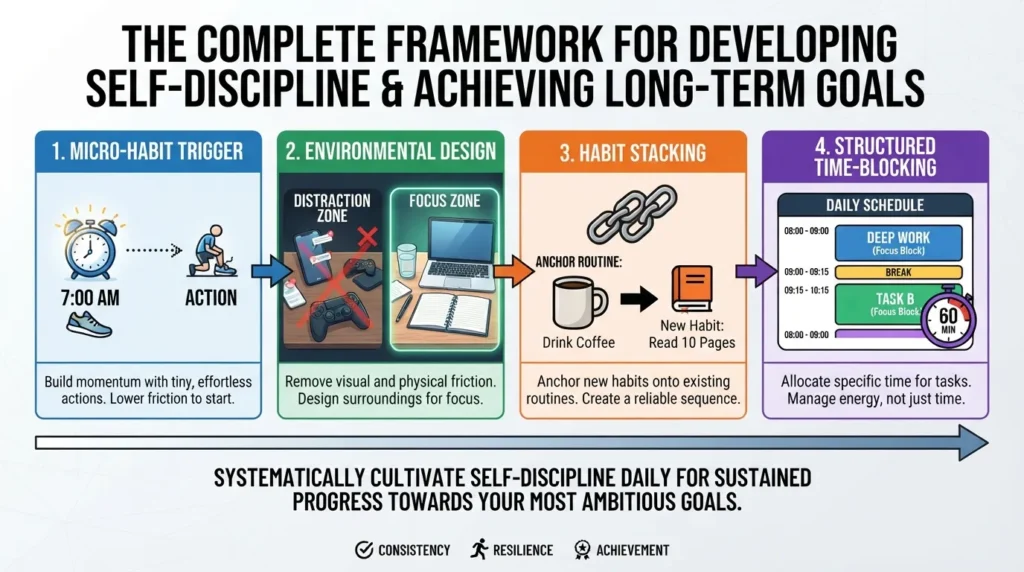 An infographic illustrating step by step strategies to build self discipline, master habits, and achieve personal goals