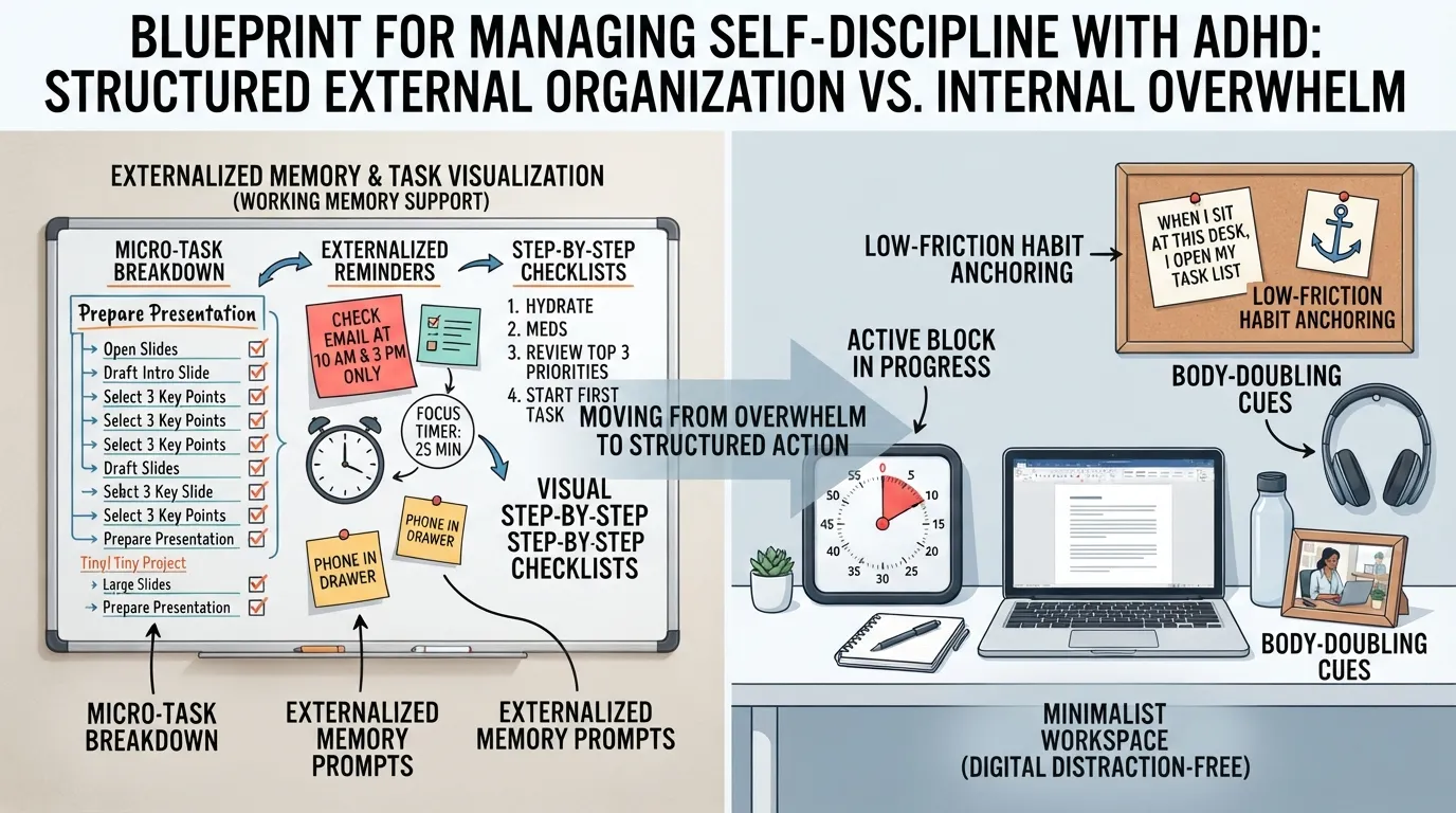 An organized desk setup featuring a visual whiteboard planner, color-coded task cards, and a digital timer designed to help individuals with ADHD manage executive function and maintain daily focus.