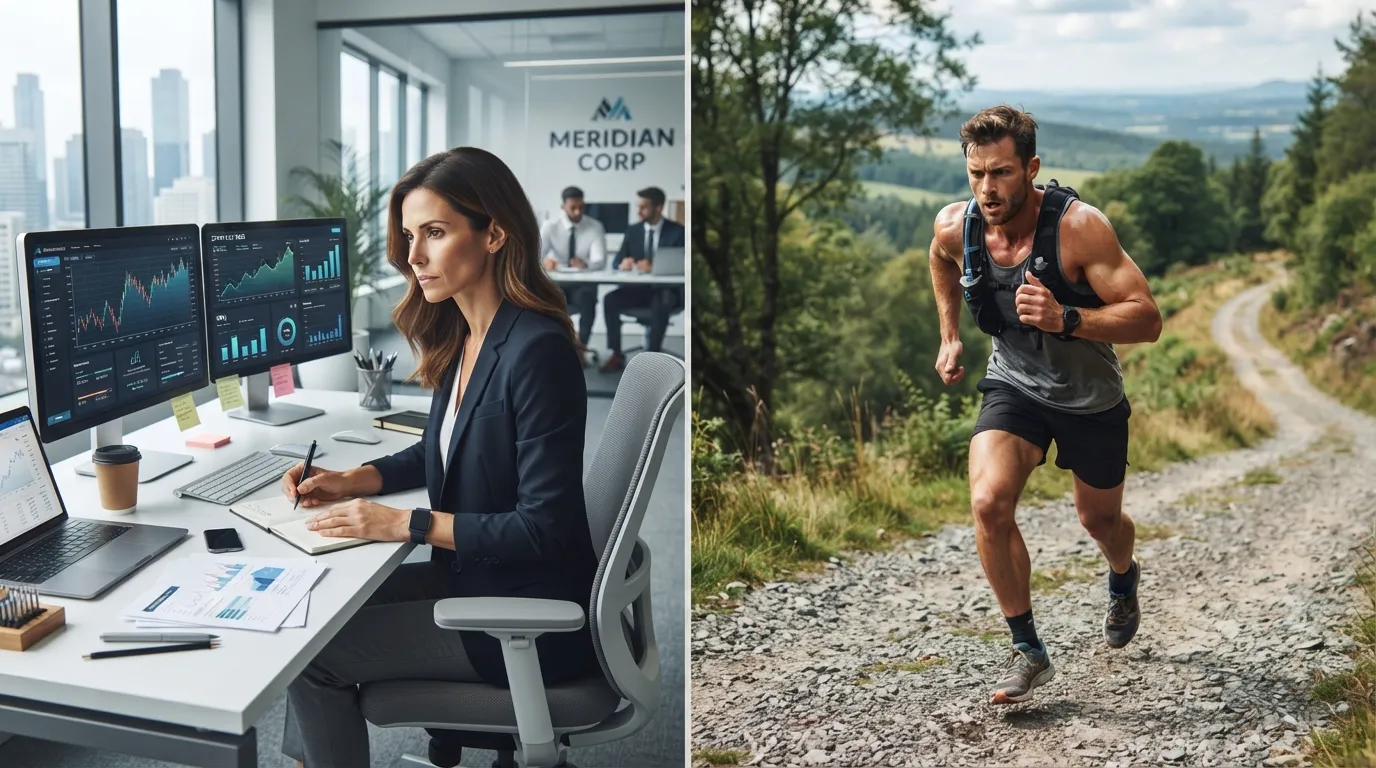 Professional leader working in a modern office and an athlete training outdoors, illustrating self-discipline across business and sports.