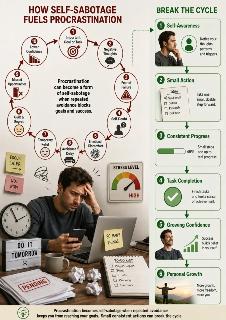 A visual illustration showing the connection between self sabotage and procrastination, with a person avoiding important tasks, experiencing fear and self-doubt, and becoming trapped in a cycle of delay, stress, and reduced confidence.