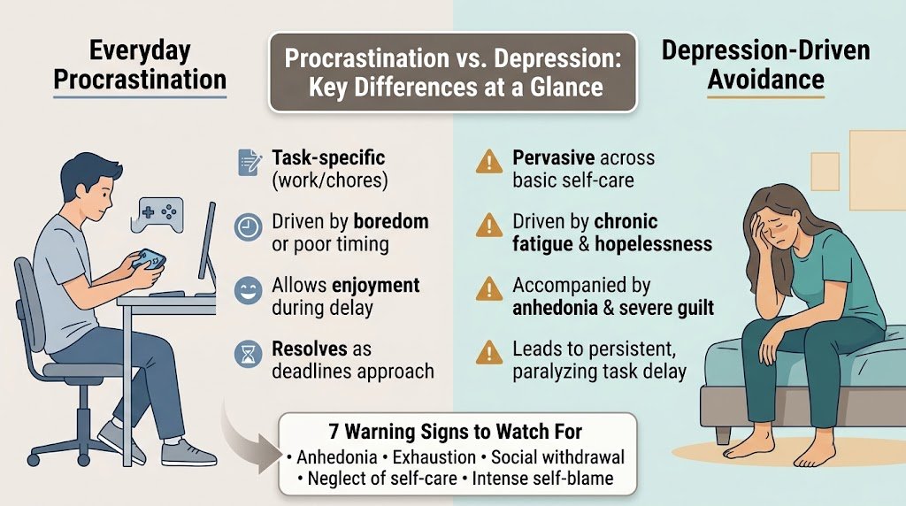 Infographic comparing normal procrastination with depression-driven avoidance, showing key warning signs like anhedonia, fatigue, and paralysis.