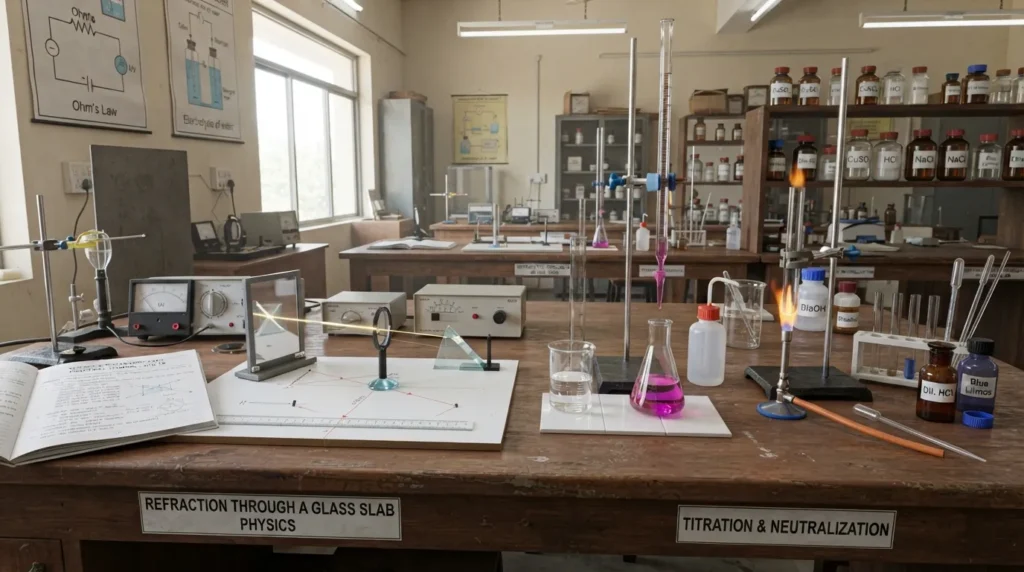 Maharashtra Board Class 10 Science Part 1 physics optics experiment and chemistry apparatus setup layout.