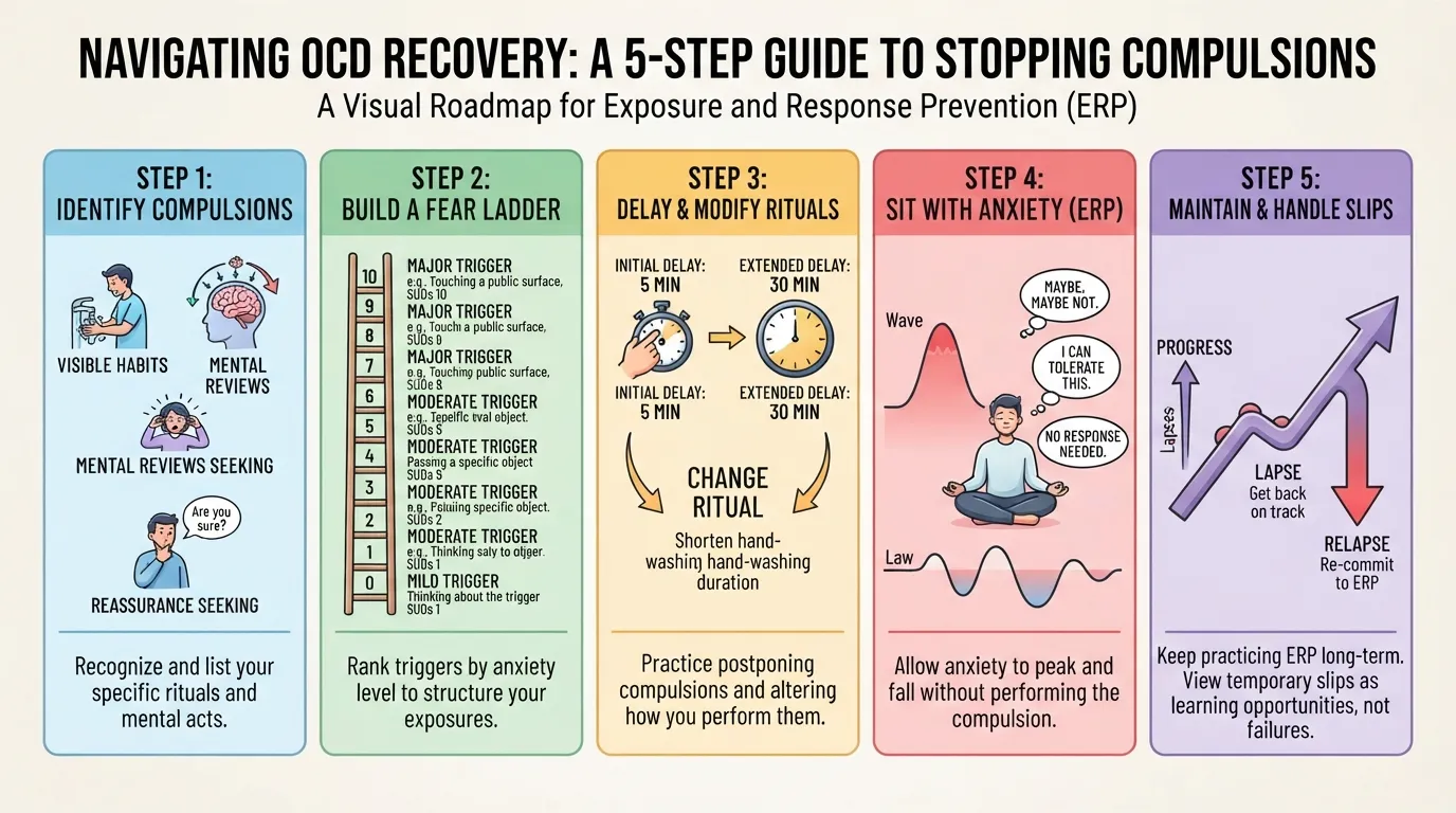 Infographic diagram illustrating a step-by-step process to identify, delay, modify, and resist OCD compulsions using ERP therapy principles.