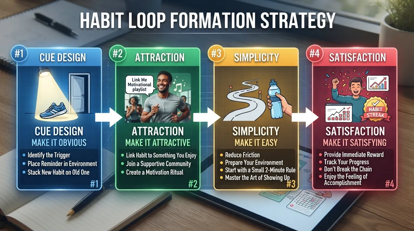 A numbered flowchart illustrating the step-by-step process of building a new habit successfully.