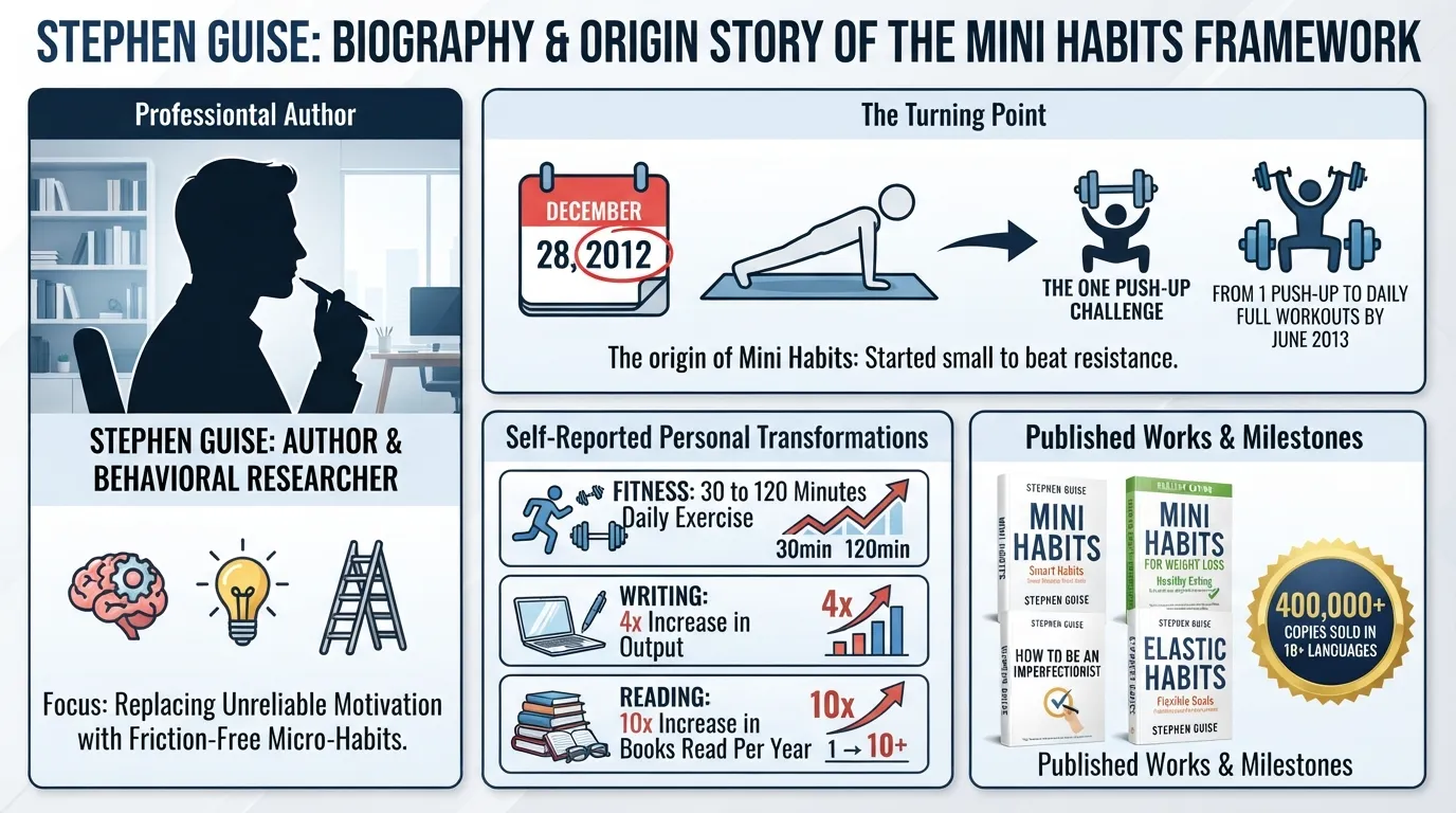An overview graphic of Stephen Guise showing his author portrait, the December 2012 one push-up origin story, self-reported life transformations, and published books.