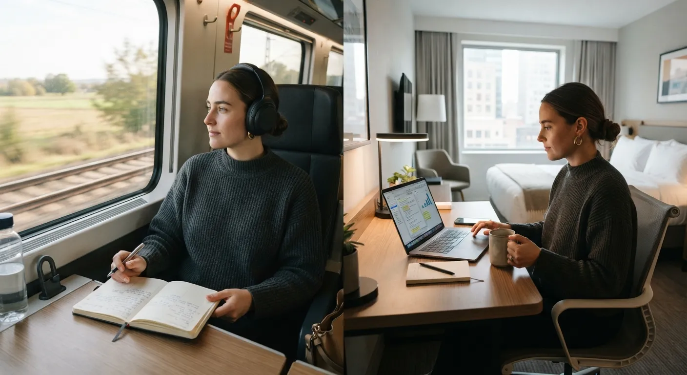 Split-screen photograph showing a person maintaining their daily productivity habits while traveling on a train and working from a hotel desk.