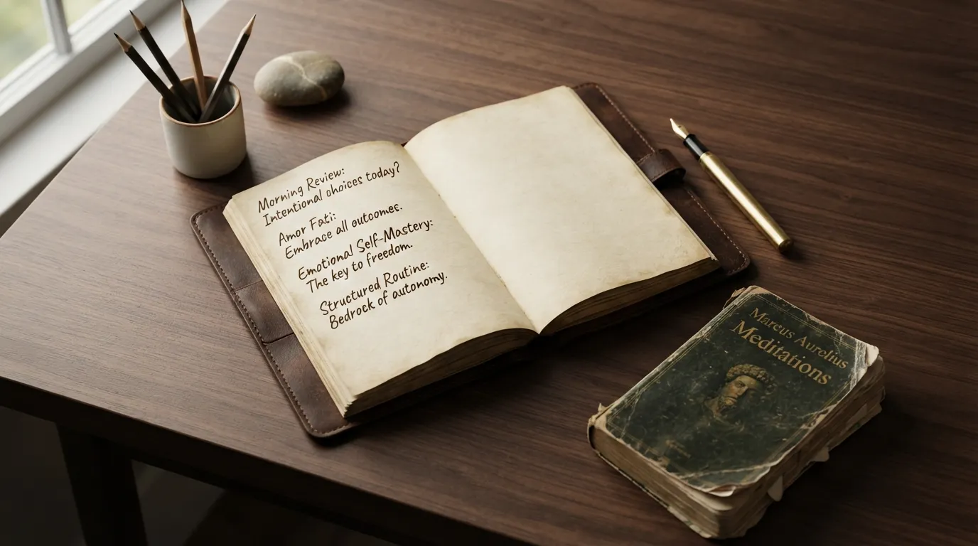 A minimalist workspace featuring a journal, pen, and a copy of Marcus Aurelius's Meditations, symbolizing the Stoic principle that discipline equals freedom.