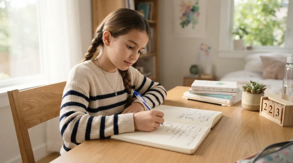 A young student sitting at a desk, happily writing thoughts and reflections in a colorful personal journal with a pen.