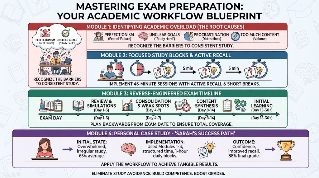 An academic study workflow infographic outlining targeted procrastination strategies for students, including timed study blocks and active recall pairing.