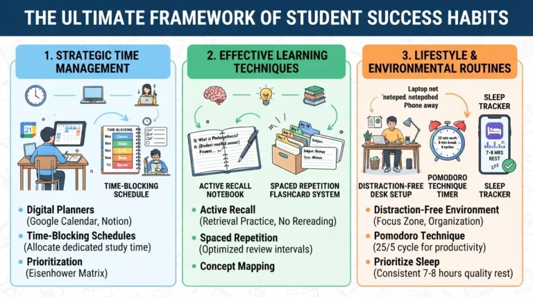 Comprehensive infographic showing student success habits including time management, planners, active recall, and spaced repetition for better grades.