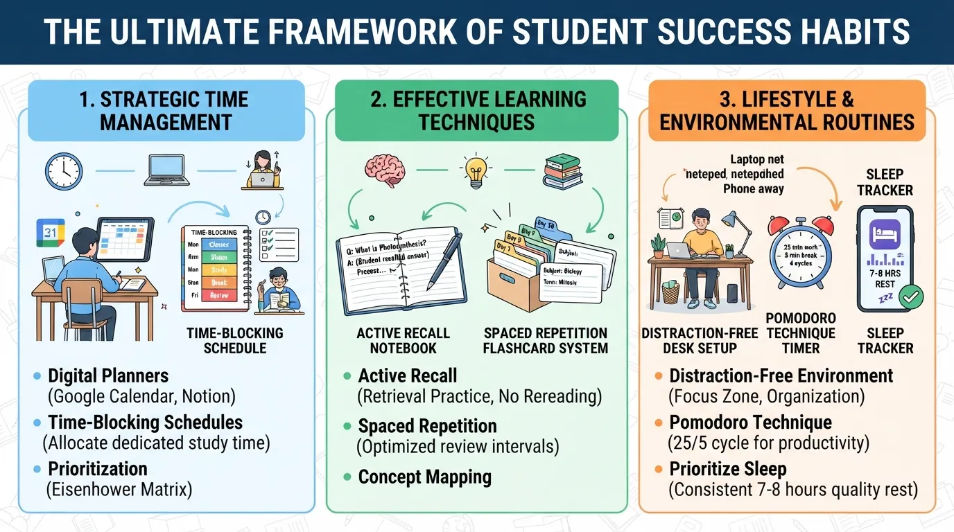 Comprehensive infographic showing student success habits including time management, planners, active recall, and spaced repetition for better grades.