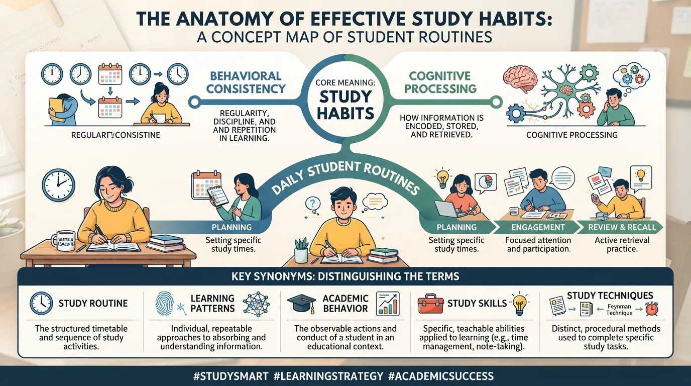 A clean graphic illustrating study habits meaning alongside common alternative terms like learning patterns and academic behavior