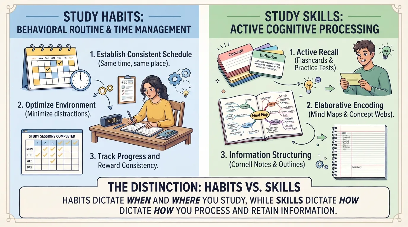 Infographic comparing study habits like daily routines with study skills like active recall and flashcards.